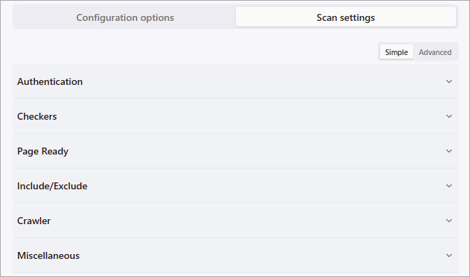 Screenshot of the Scan settings > Simple subtab showing the available categories of Scan Settings.