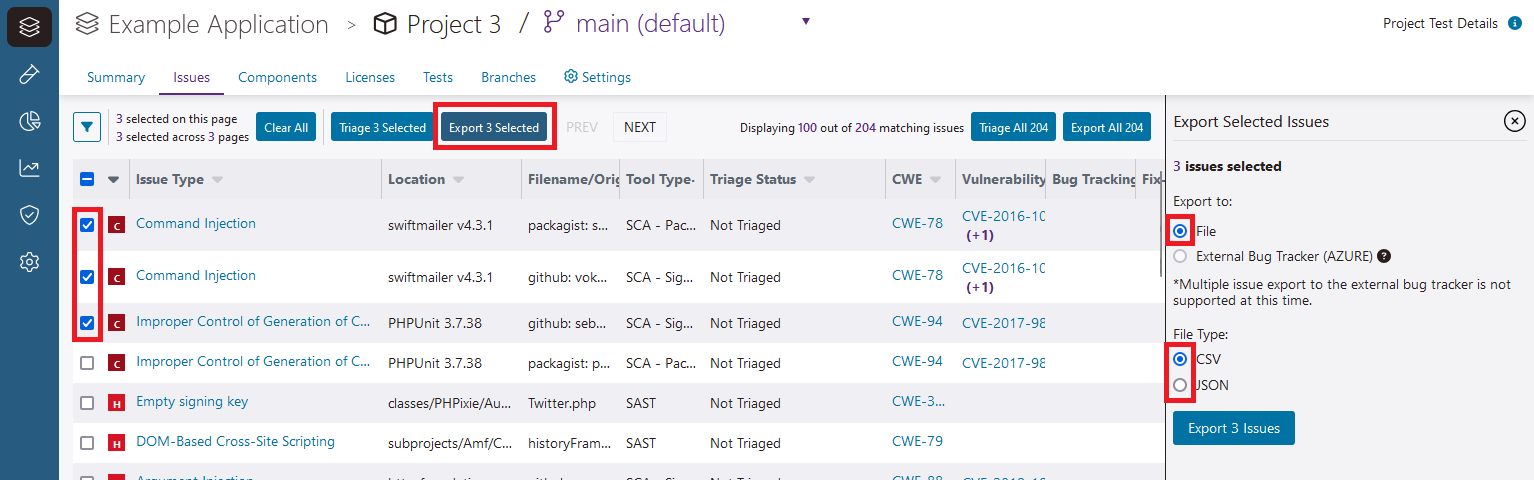 A screenshot of the Export Selected Issues panel.
