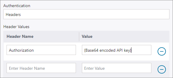 An example authorization header in the Header Values table.