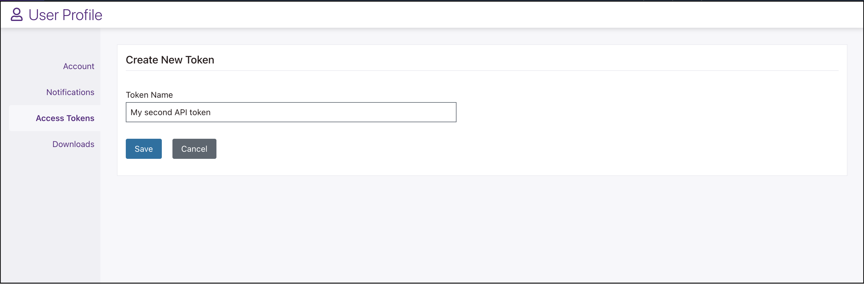 Screenshot of the form for creating a new token. The only field is for the Token Name.