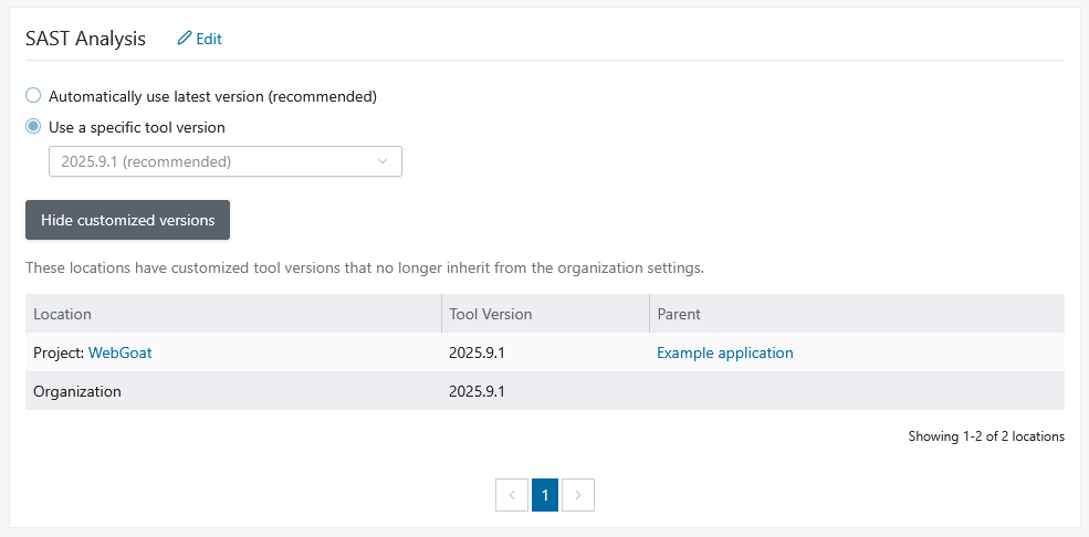 A screenshot of the Analysis tab, after the Show Customized Versions button is selected.