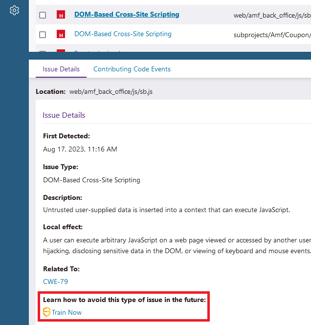 A screenshot that shows a link to Secure Code Warrior in the Issue Details panel.